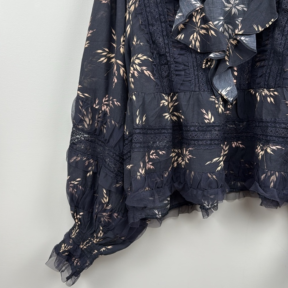 🎀By Anthropologie Ruffled V-Neck Popover embroidered  wheat print  Blouse medium - Picture 7 of 13